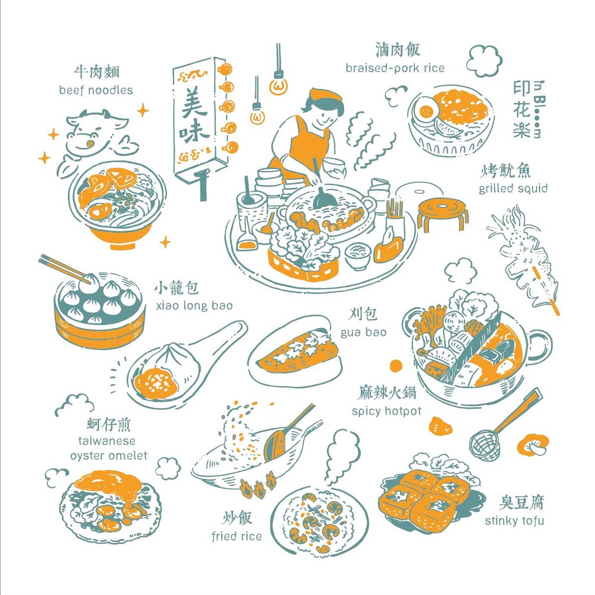 【印花楽/in Blooom】ハンカチ・おいしい台湾軽食 / オレンジグリーン