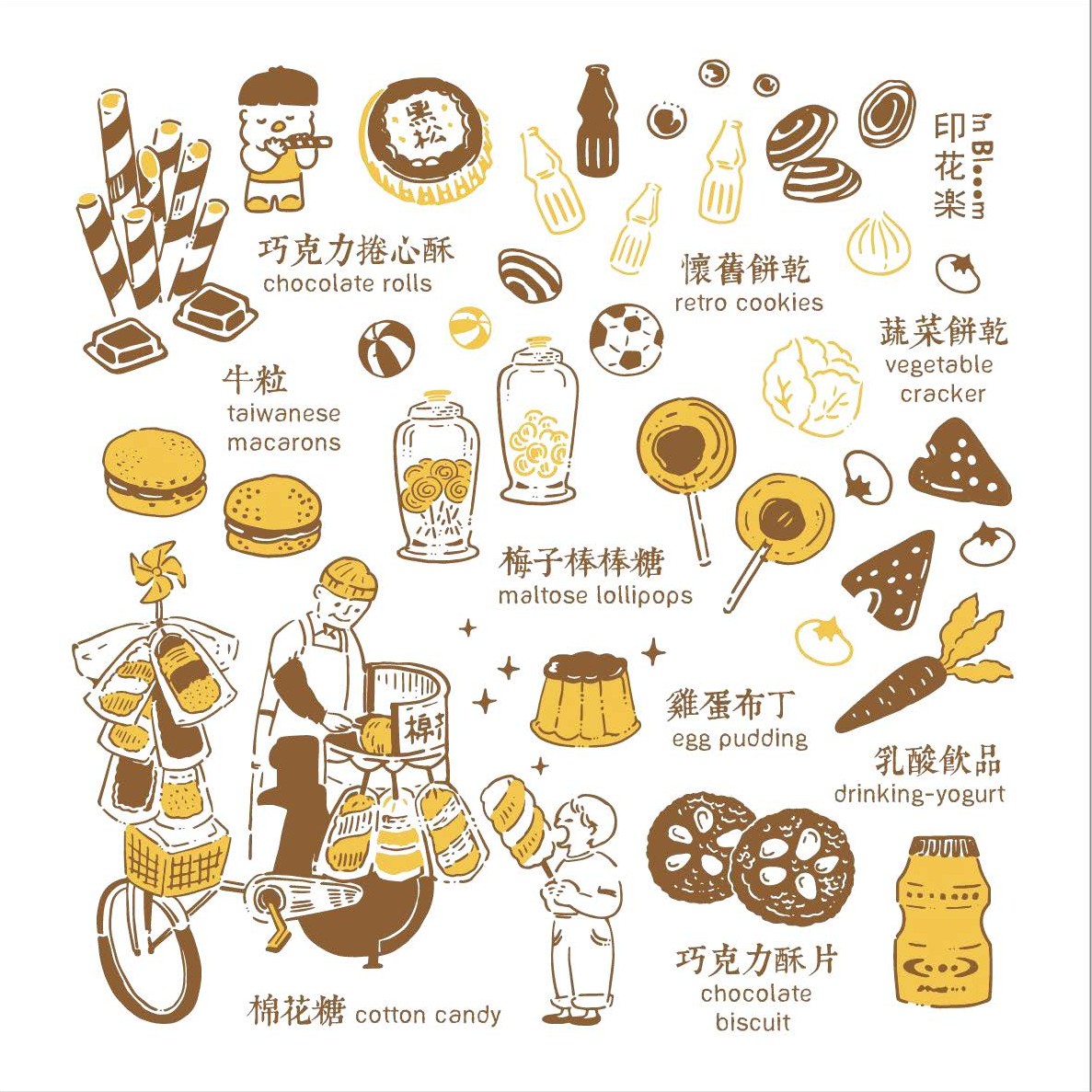 【印花楽/in Blooom】ハンカチ・おいしい台湾懐かしいお菓子 /イエローブラウン